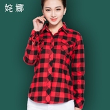 韩版格子衬衫女士长袖韩范纯棉学生休闲百搭红格子衬衣春季打底