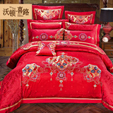 沃顿·喜路中式婚庆床上用品四件套大红色刺绣贡缎提花贴布绣床品