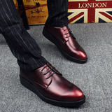 2016男士尖头皮鞋厚底增高商务正装鞋婚鞋英伦系带小皮鞋复古鞋红
