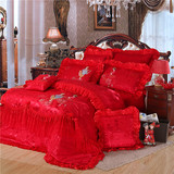 床上用品纯棉裙式贡缎婚庆四件套大红刺绣提花床盖结婚礼物特价