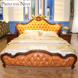 美式乡村床 皮靠榉木实木木质雕刻复古双人床1.8别墅奢华欧式深色
