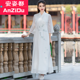 夏季中国风中式女装改良汉服棉麻裙子七分袖连衣裙夏复古文艺长裙