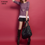 2014秋装新款女士针织衫气质韩版百搭短款毛衣雪纺拼接上衣