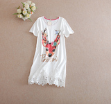 夏季新款 韩版可爱卡通小鹿印花蕾丝拼接短袖白色连衣裙 女