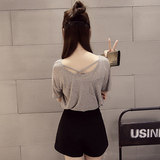 韩版个性后背交叉性感上衣女夏季宽松简约纯色大领口冰丝T恤短袖