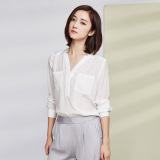 V领长袖真丝白衬衫女 韩版修身百搭上衣 100%桑蚕丝OL白色衬衣
