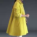 2015冬韩国代购双面顺毛柠檬黄大码羊毛羊绒大码呢大衣外套女装