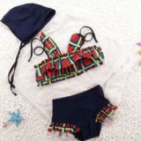 韩版中大童格子比基尼罩衫分体式儿童泳衣女童宝宝泳装泳服四件套