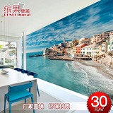 沙滩海景建筑物大型壁画意大利欧式风情壁纸咖啡馆酒吧西餐厅墙纸