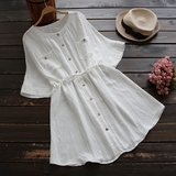 0928新款2016夏季女装简约风格纯白色系带收腰口袋圆领衬衫裙子