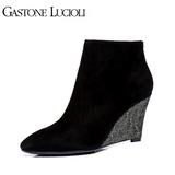 Gastone lucioli歌斯东尼冬季优雅羊绒面皮女单鞋坡跟跟真皮短靴