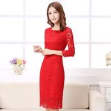 2016春夏装新款韩版镂空蕾丝收腰红色修身长袖中长裙女打底连衣裙