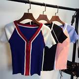 包邮jto 2016夏新款韩版V领拉链撞色针织衫休闲修身显瘦T恤上衣女