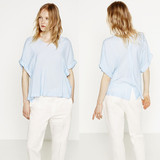 西班牙单 蓝色斜条纹宽松版圆领卷边短袖后开叉衬衫女T恤2583/709
