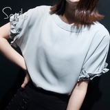 2016韩版甜美宽松显瘦花瓣袖荷叶袖短袖雪纺衫夏季女士短袖t恤潮