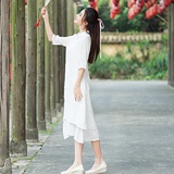 2016年春装新款中国风古典改良汉服纯白仙女文艺范棉麻连衣裙
