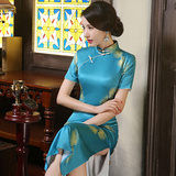 高档丝绸旗袍长款短袖中式修身性感改良复古宴会日常少女开叉显瘦