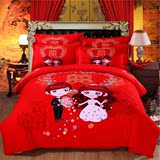 一等品床单式活性印花大红结婚套件婚庆纯棉四件套床上用品