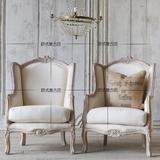 美式乡村实木白色做旧单人沙发 法式宜家客厅休闲椅复古雕花沙发