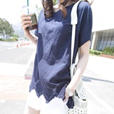韩国女装代购2016夏款魅力蓝色复古刺绣镂空花朵舒适休闲衬衫特。