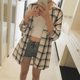 2016秋季新款 韩版时尚修身格子中长款宽松开衫长袖衬衣女外套