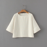 日本单 2016夏季新款女装 宽松显瘦圆领条纹短款七分袖T恤上衣