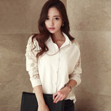 2016新款韩版镂空蕾丝拼接长袖雪纺衬衫 宽松百搭衬衣女长袖