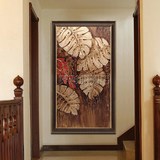 画客厅有框画竖版有框挂画金箔芭蕉叶泰式手绘东南亚油画玄关装饰