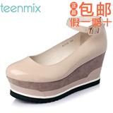 Teenmix/天美意2016春季女鞋牛皮坡跟休闲浅口女单鞋6J102AQ6