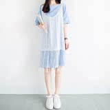 LISA家 韩版文艺清新大码条纹两件套流苏连衣裙女圆领短袖T恤裙潮