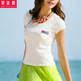 2016新款夏季T恤女修身纯棉显瘦百搭民族风蕾丝绣花短袖白色上衣