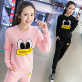 蘑菇街2016春季运动休闲少女跑步韩版纯棉两件套头长袖卫衣套装