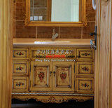 法式乡村复古做旧浴室台盆柜 美式乡村仿古实木手绘花鸟浴室柜子