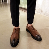 新款韩版系带尖头小黑皮鞋男士英伦学院复古擦色松糕厚底休闲皮鞋