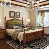 睿酷胡桃木美式床 全实木床 欧式双人皮床 复古真皮床1.8米OM060