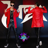 酒吧夜店DJ男歌手bigbang大成潮流韩版大红色长款机车皮衣演出服