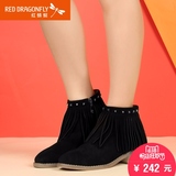 红蜻蜓 女鞋 冬季新款正品时尚甜美流苏短靴侧拉链粗跟靴子女靴