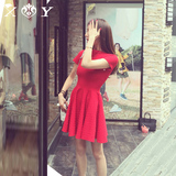 欧洲站夏装针织红色连衣裙2015新款女装a字裙修身显瘦短袖大红裙