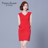 2016夏季新款连衣裙女装修身OL职业显瘦V领红色中长款一步裙子夏