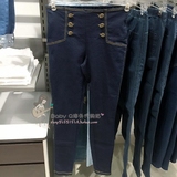 现货Calzedonia16新春季双排扣复古高腰深蓝色显瘦打底裤塑形