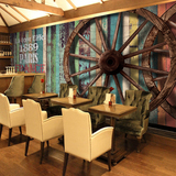 KTV墙纸客厅卧室壁纸3d复古怀旧木纹车轮大型壁画咖啡馆餐厅酒吧