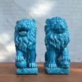 陶彩彩新中式镇宅摆件 陶瓷狮子 蓝色狮子动物摆设 客厅装饰品