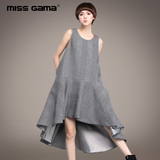 MISS GAMA2016春装新款 欧洲站个性不规则下摆长裙大码格子连衣裙