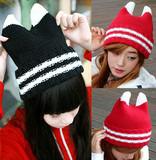 韩国可爱猫耳朵帽毛线帽子恶魔牛角针织帽套头帽女士秋冬天韩版潮