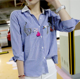 [Yan]不失童趣！夏新款 韩国代购趣味字母钉珠休闲条纹衬衫053225