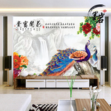 富贵牡丹中式山水墨墙纸 大型壁画 客厅沙发电视背景墙孔雀壁纸