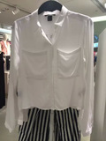 2015新款HM女装白色双兜宽松短款长袖垂顺翻领衬衫开衫 正品剪标