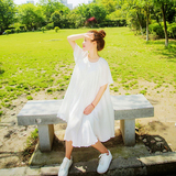 新款2016夏季韩版雪纺连衣裙女短袖中长裙宽松甜美圆领套头大摆裙
