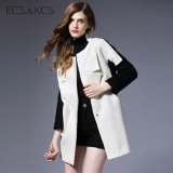 伊丝卡丝2015冬装新品时尚黑白撞色拼接毛呢外套 女装中长款大衣