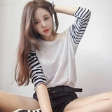 2016韩版秋夏季新款灰白条纹打底衫女 纯色宽松上衣圆领七分袖t恤
